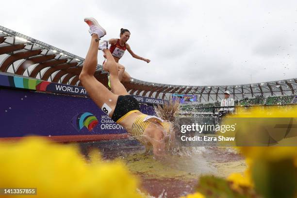 Lea Meyer of Team Germany falls into the water obstacle during the Women’s 3000m Steeplechase heats on day two of the World Athletics Championships...