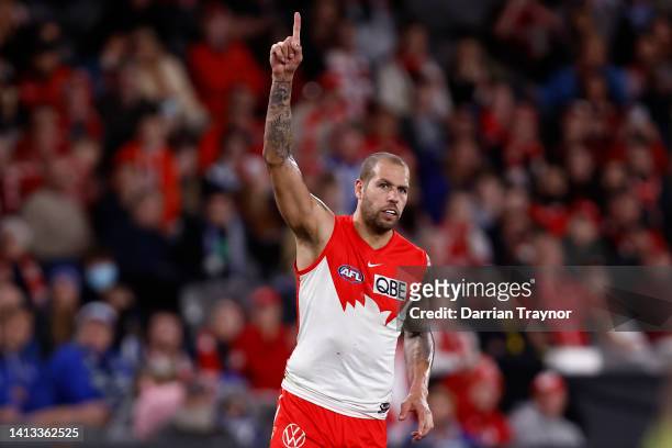 Lance Franklin of the Swans cduring the round 21 AFL match between the North Melbourne Kangaroos and the Sydney Swans at Marvel Stadium on August 07,...