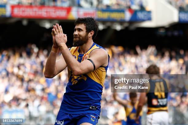 Josh J. Kennedy of the Eagles celebrates a goal during the round 21 AFL match between the West Coast Eagles and the Adelaide Crows at Optus Stadium...