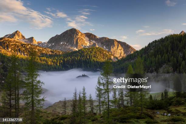 sunrise over foggy lake funtensee, nationalpark berchtesgaden - berchtesgaden national park 個照片及圖片檔