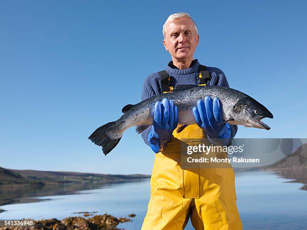 portrait of fisherman standing in loch holding freshly caught salmon - catching fish stock pictures, royalty-free photos & images