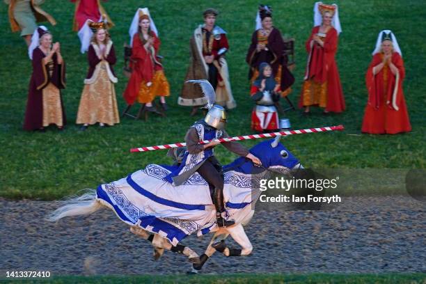 Performer on horseback demonstrates a jousting scene during the season opening performance of Kynren - An Epic Tale of England, as 11 Arches open...