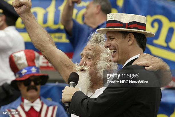 Announcer George Shea and Rabbi Abraham Abraham of the Coney Island Ice Breakers at the 2008 Nathan's Famous July Fourth International Hotdog eating...