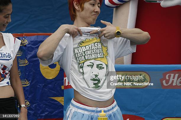 Takeru Kobayashi loses to Joey Chestnut at the 2008 Nathan's Famous July Fourth International Hotdog eating contest in Brooklyn's Coney Island, NY on...