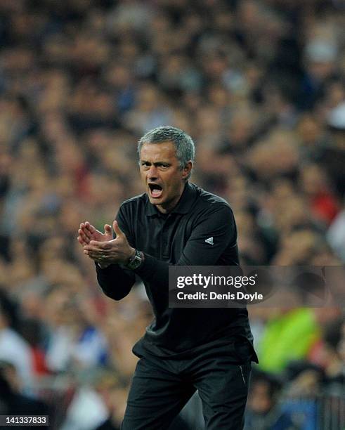 Real Madrid coach Jose Mourinho reacts during the UEFA Champions League Round of 16 second leg match between Real Madrid and PFC CSKA Moskva at...