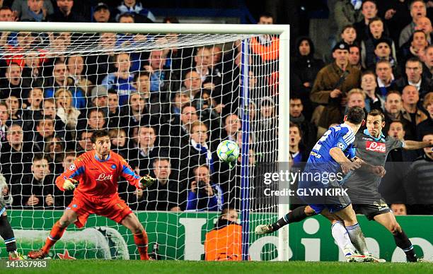 Chelsea's Serbian defender Branislav Ivanovic scores the fourth goal during their UEFA Champions League round of 16 second leg football match against...