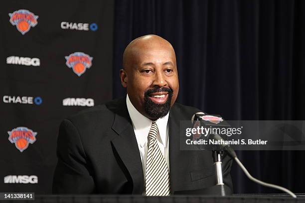 Mike Woodson is introduced as Interim Head Coach of the New York Knicks prior to the team taking on the Portland Trail Blazers on March 14, 2012 at...