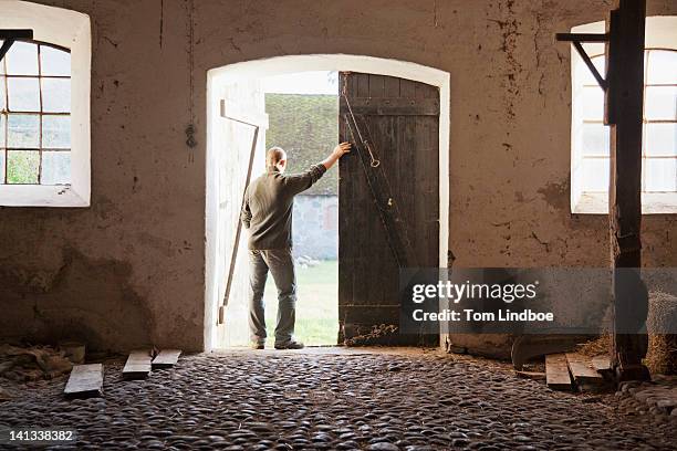man standing at barn doors - barn stock pictures, royalty-free photos & images