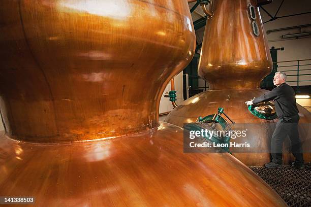 worker in whisky distillery - alambique equipamento industrial - fotografias e filmes do acervo
