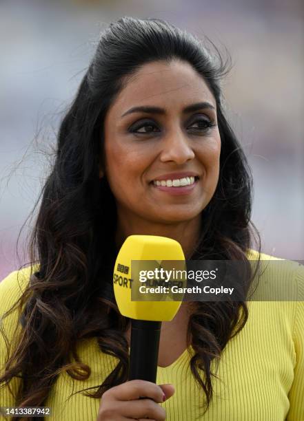 Commentator Isa Guha during The Hundred match between Trent Rockets Men and Birmingham Phoenix Men at Trent Bridge on August 06, 2022 in Nottingham,...