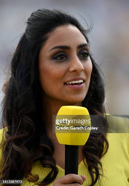 Commentator Isa Guha during The Hundred match between Trent Rockets Men and Birmingham Phoenix Men at Trent Bridge on August 06, 2022 in Nottingham,...