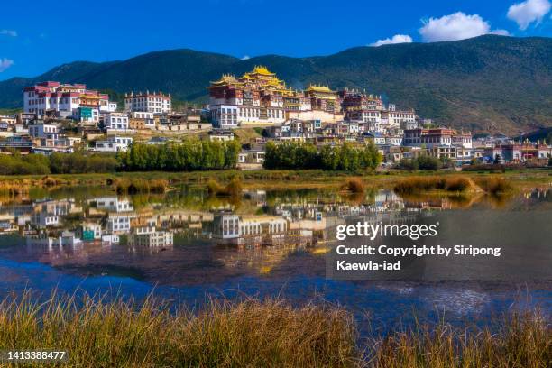 songzanlin monastery with its water reflection in shangri-la, yunnan, china. - tibetan culture stock pictures, royalty-free photos & images