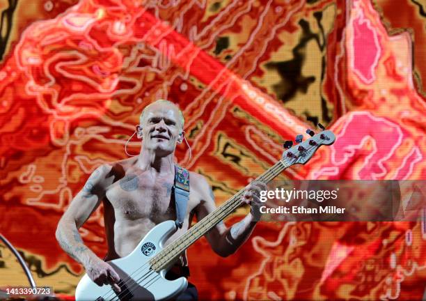 Bassist Flea of Red Hot Chili Peppers performs at Allegiant Stadium on August 06, 2022 in Las Vegas, Nevada.