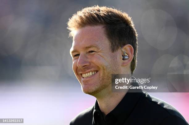 Sky Sports commentator Eoin Morgan during the The Hundred match between Manchester Originals Men and Northern Superchargers Men at Emirates Old...