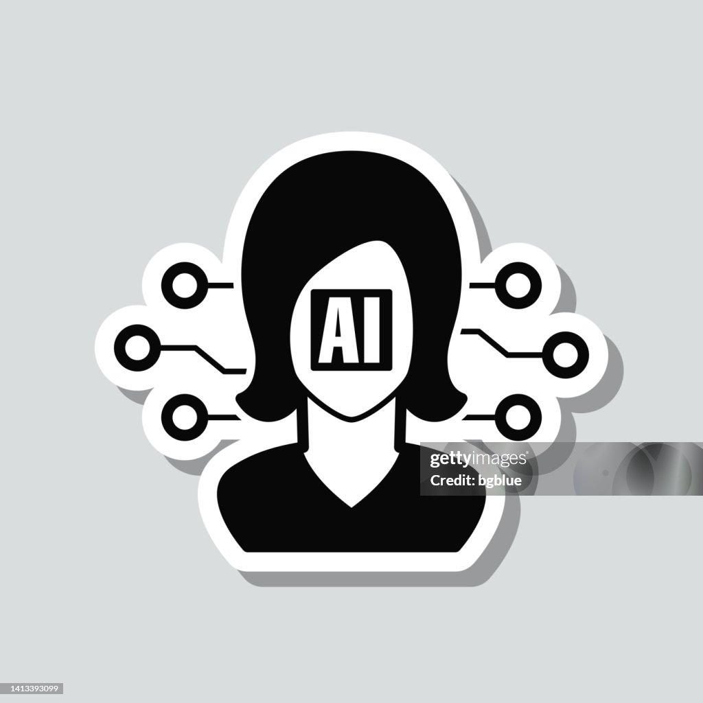 Artificial intelligence AI with female face. Icon sticker on gray background