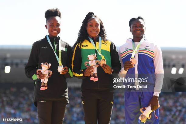 Silver medalist Favour Ofili of Team Nigeria, Gold medalist Elaine Thompson-Herah of Team Jamaica and Bronze medalist Christine Mboma of Team Namibia...