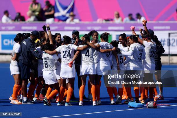 Team India celebrate their victory in the Women's Hockey - Bronze Medal match between New Zealand on day ten of the Birmingham 2022 Commonwealth...