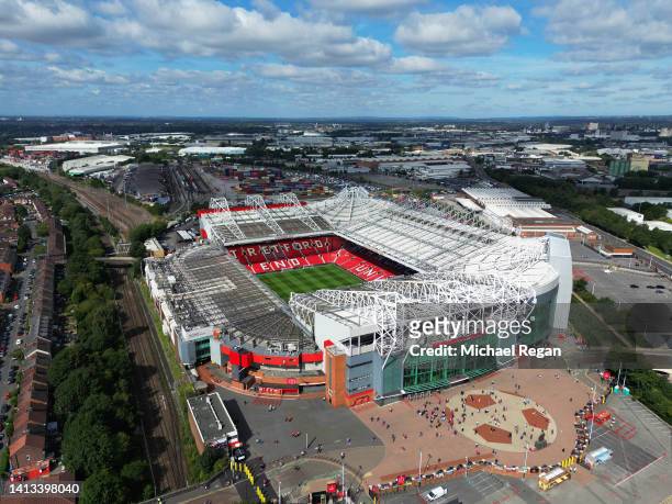 General view outside the stadium prior to the Premier League match between Manchester United and Brighton & Hove Albion at Old Trafford on August 07,...
