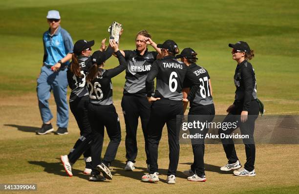 Sophie Devine of Team New Zealand celebrates the wicket of Sophie Ecclestone of Team England during the Cricket T20 - Bronze Medal match between Team...