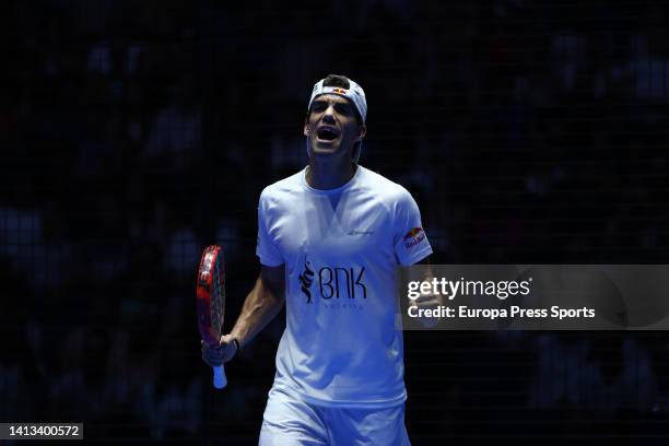 Juan Lebron of Spain celebrates during the doubles match with Alejandro Galan of Spain against Francisco Navarro of Spain and Martin Di Nenno of...