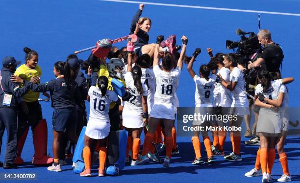 Team India celebrate their victory in the Women's Hockey - Bronze Medal match between New Zealand and India on day ten of the Birmingham 2022...