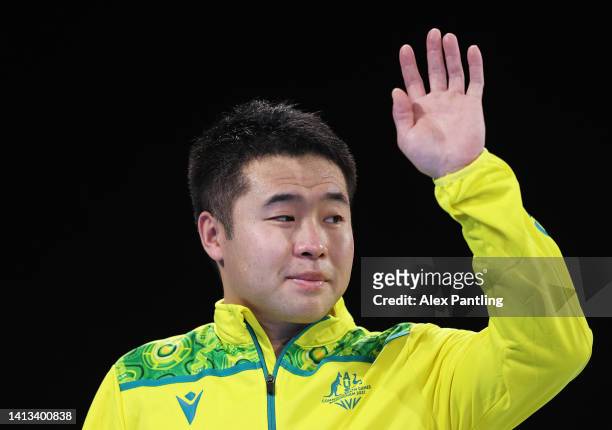 Silver Medallist Lin Ma of Team Australia celebrates during the Para Table Tennis Men's Singles Classes 8-10 Medal Ceremony on day ten of the...