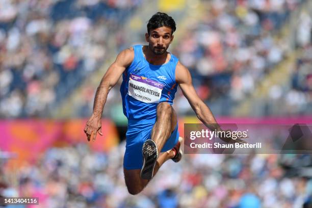 Abdulla Aboobacker Narangolintevida of Team India competes during the Men's Triple Jump Final on day ten of the Birmingham 2022 Commonwealth Games at...