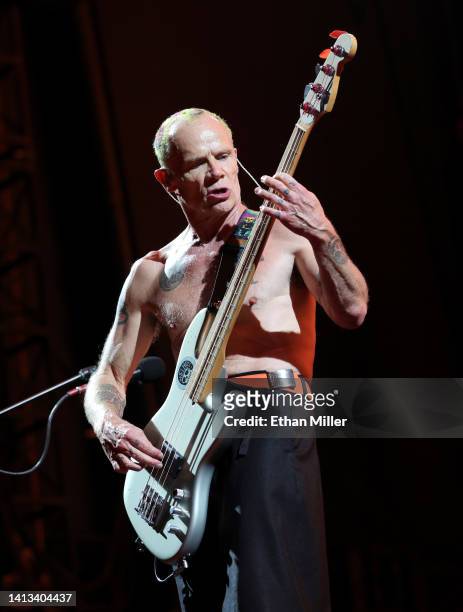 Bassist Flea of Red Hot Chili Peppers performs at Allegiant Stadium on August 06, 2022 in Las Vegas, Nevada.
