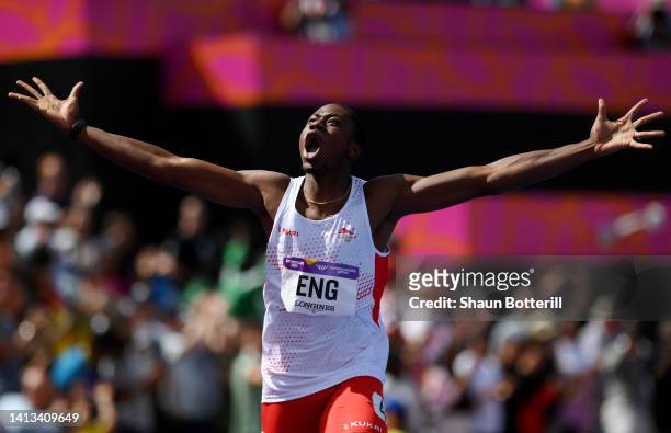 Ojie Edoburun of Team England celebrates winning the gold medal in the Men's 4 x 100m Relay - Final on day ten of the Birmingham 2022 Commonwealth...