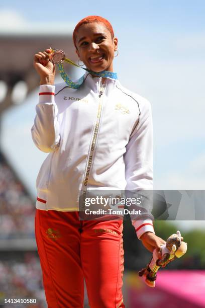 Bronze medalist Jodie Williams of Team England poses for a photo during the medal ceremony for the Women's 400m Final on day ten of the Birmingham...