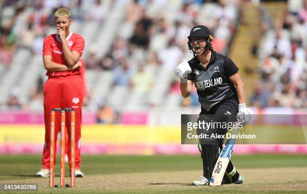 Sophie Devine of Team New Zealand celebrates after victory in the Cricket T20 - Bronze Medal match between Team England and Team New Zealand on day...
