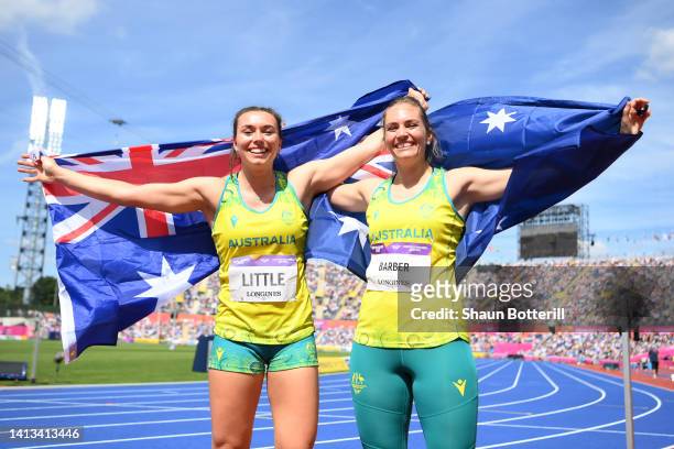 Silver medalist Mackenzie Little of Team Australia and gold medalist Kelsey-Lee Barber of Team Australia celebrate following the Women's Javelin...