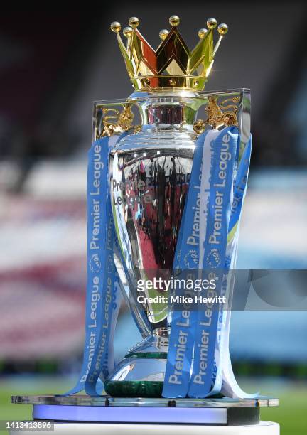 Detail view of the Premier League Trophy prior to the Premier League match between West Ham United and Manchester City at London Stadium on August...