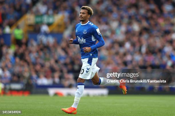 Dele Alli of Everton in action during the Premier League match between Everton FC and Chelsea FC at Goodison Park on August 06, 2022 in Liverpool,...