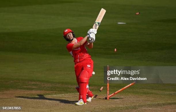 Natalie Sciver of Team England is bowled by Sophie Devine of Team New Zealand during the Cricket T20 - Bronze Medal match between Team England and...