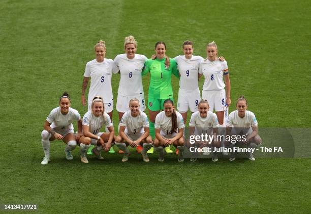 The England team line up during the UEFA Women's Euro 2022 final match between England and Germany at Wembley Stadium on July 31, 2022 in London,...