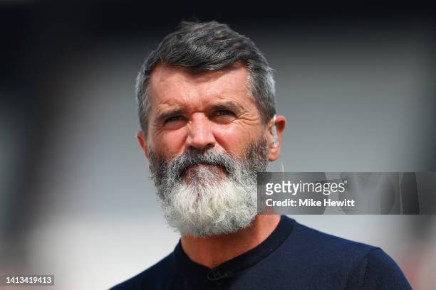 Pundit Roy Keane looks on prior to the Premier League match between West Ham United and Manchester City at London Stadium on August 07, 2022 in...