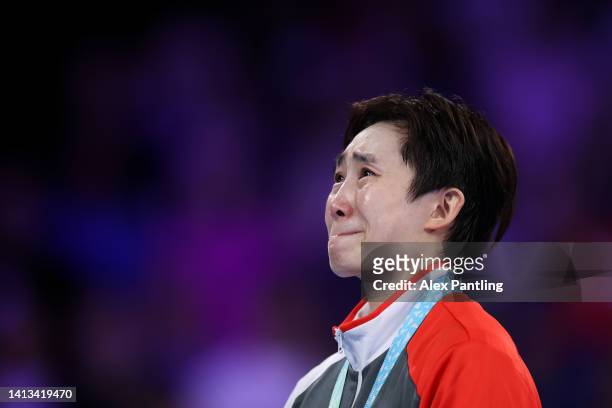 Gold Medallist Tianwei Feng of Team Singapore celebrates during the Table Tennis Women's Singles Medal Ceremony on day ten of the Birmingham 2022...