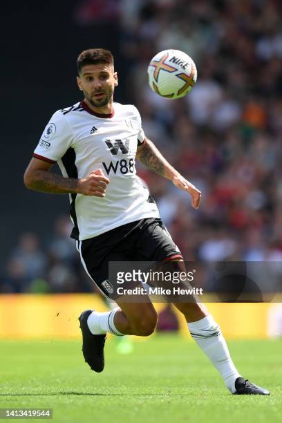 Aleksandar Mitrovic of Fulham in action during the Premier League match between Fulham FC and Liverpool FC at Craven Cottage on August 06, 2022 in...