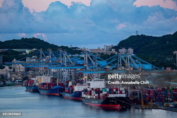 Cargo ships are seen at a harbour on August 07, 2022 in Keelung, Taiwan. Taiwan remained tense after Speaker of the U.S. House Of Representatives...