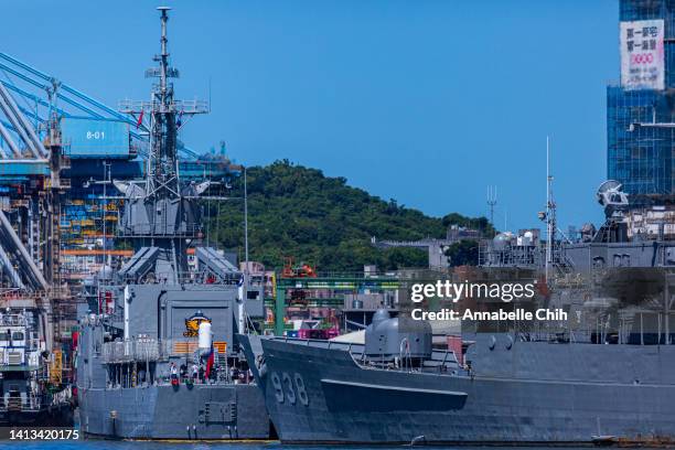 Taiwanese Navy warships are anchored at a harbour on August 07, 2022 in Keelung, Taiwan. Taiwan remained tense after Speaker of the U.S. House Of...