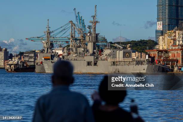 People visit the harbour where Taiwanese Navy warships are anchored on August 07, 2022 in Keelung, Taiwan. Taiwan remained tense after Speaker of the...