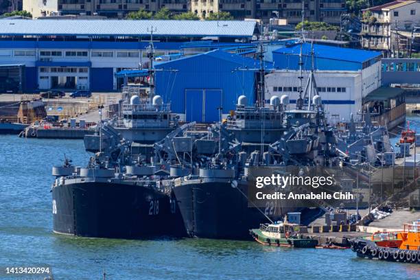 Taiwanese Navy warships are anchored at a harbour on August 07, 2022 in Keelung, Taiwan. Taiwan remained tense after Speaker of the U.S. House Of...