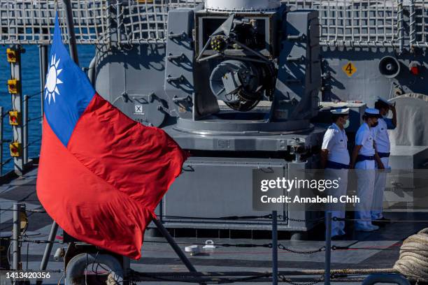 Navy personnel are seen on a Taiwanese Navy warship on August 07, 2022 in Keelung, Taiwan. Taiwan remained tense after Speaker of the U.S. House Of...