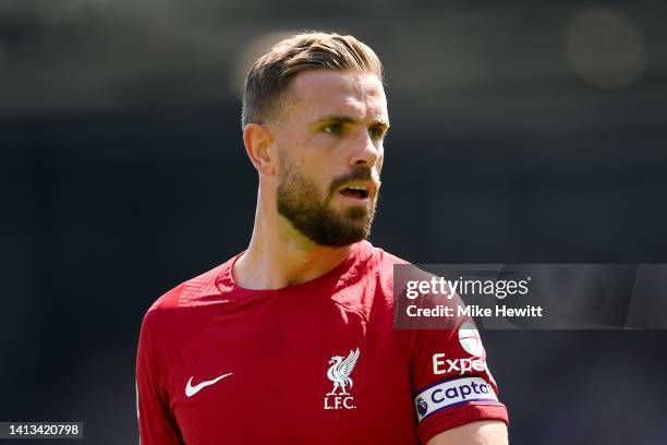 Jordan Henderson of Liverpool looks on during the Premier League match between Fulham FC and Liverpool FC at Craven Cottage on August 06, 2022 in...
