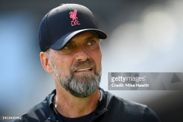 Liverpool manager Jurgen Klopp looks on ahead of the Premier League match between Fulham FC and Liverpool FC at Craven Cottage on August 06, 2022 in...