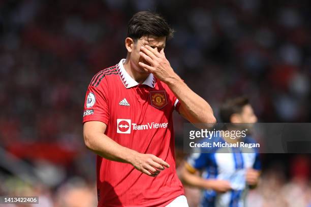 Harry Maguire of Manchester United reacts during the Premier League match between Manchester United and Brighton & Hove Albion at Old Trafford on...