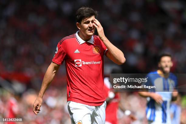 Harry Maguire of Manchester United reacts during the Premier League match between Manchester United and Brighton & Hove Albion at Old Trafford on...