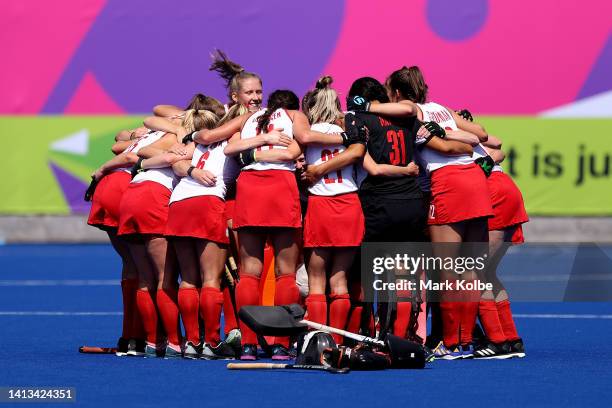 Team Canada celebrate following their victory in the Women's Hockey - Classification 5-6 match between Canada and Scotland on day ten of the...