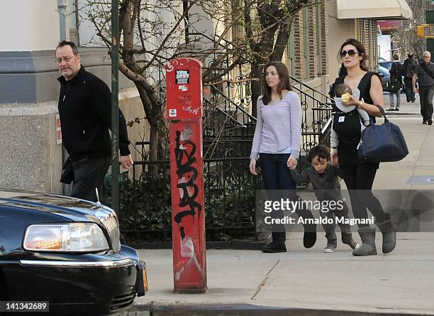 Actor Jean Reno and model Zofia Borucka are seen with their children Serena, Cielo, and their newborn baby on the streets of TriBeCa on March 14,...